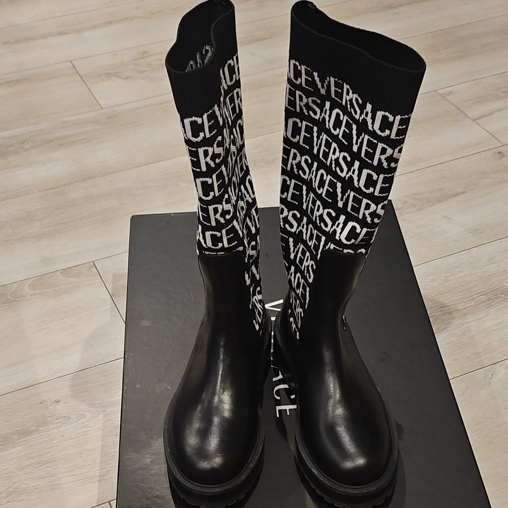 Versace Kids Black Boots with White Logo
